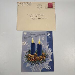 1952 Rust Craft Christmas Card Grandparents Blue Ribbon Candles w/ Envelope MCM